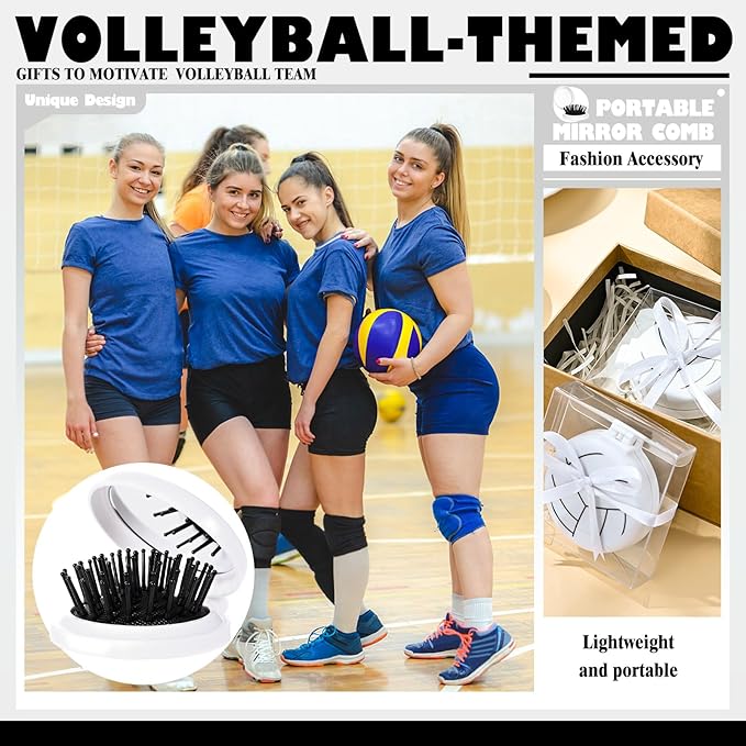 24 Set Volleyball Gifts for Team Bulk Volleyball Compact Mirror Brush With Ribbons for Volleyball Gifts for Teen Girls Mini Travel Hair Brush for Volleyball Party Favors Volleyball Hair Accessories