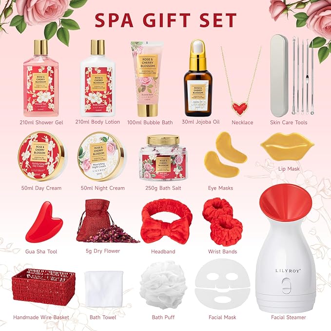 27 Pcs Bath and Body Gifts Basket Set - Rose Spa Gifts Set Skin Care Set for Women, Gift Baskets Set for Mothers Day Mom | Perfect Gifts for Christmas, Birthday, Valentines Day All Occasion Present