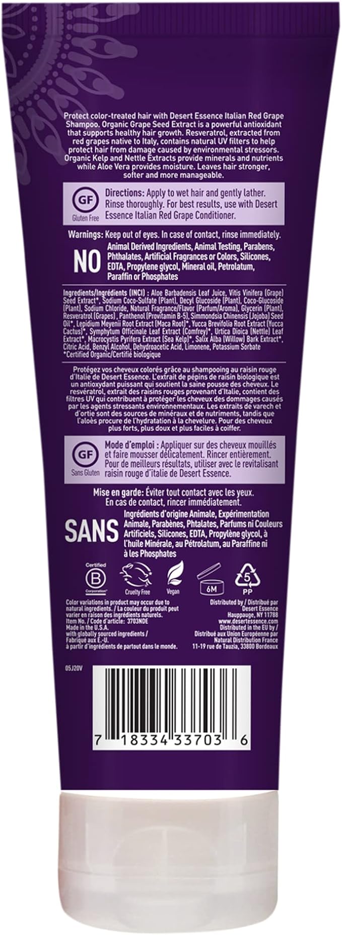 Desert Essence, Italian Red Grape Shampoo, 8.0 fl. Oz. - Gluten Free - Vegan - Cruelty Free - Moisturizing Shampoo - UV Protection - Color Treated Hair