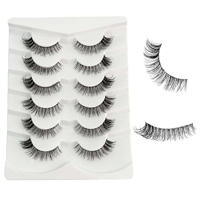 Cat Eye Lash Wispy Lashes False Eyelashes Natural Look, Yasnai 3D Fluffy Fake Lashes Volume Lashes, Natural Fake Eyelash Strips Lashes Natural False Lashes Clear Band 6 Pairs Pack