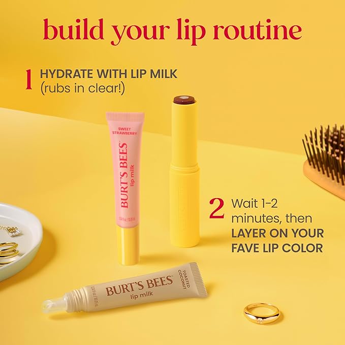 Burt’s Bees Lip Milk, Daily Lip Moisturizer, Sweet Strawberry, Vitamin Enriched Moisturizing Lip Balm with Almond Milk and Jojoba Oil, Hydrating for Softer Lips, 1 Tube, 0.34 Fl Oz