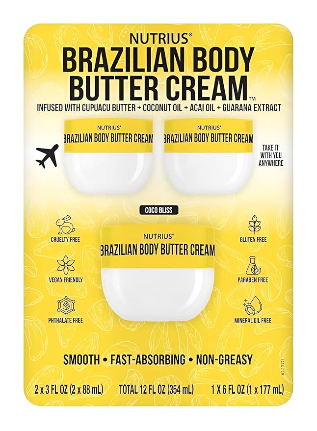 Brazilian Body Butter Cream 3-Pack – Cupuaçu Butter Infused Lotion for Deep Hydration – Includes One 6 fl oz Jar and Two 3 fl oz Travel Sizes – Fast-Absorbing, Non-Greasy, Nourishing Moisturizer