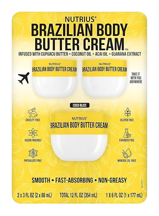 Brazilian Body Butter Cream 3-Pack – Cupuaçu Butter Infused Lotion for Deep Hydration – Includes One 6 fl oz Jar and Two 3 fl oz Travel Sizes – Fast-Absorbing, Non-Greasy, Nourishing Moisturizer