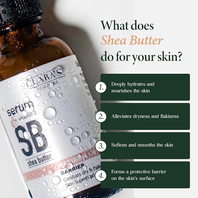 CLARA'S NEW YORK Glycolic Acid Facial Serum with Vitamin E for Exfoliating Smoothing Glowing Face Skin - Made in USA 30ml (1Fl/Oz) (Shea Butter)