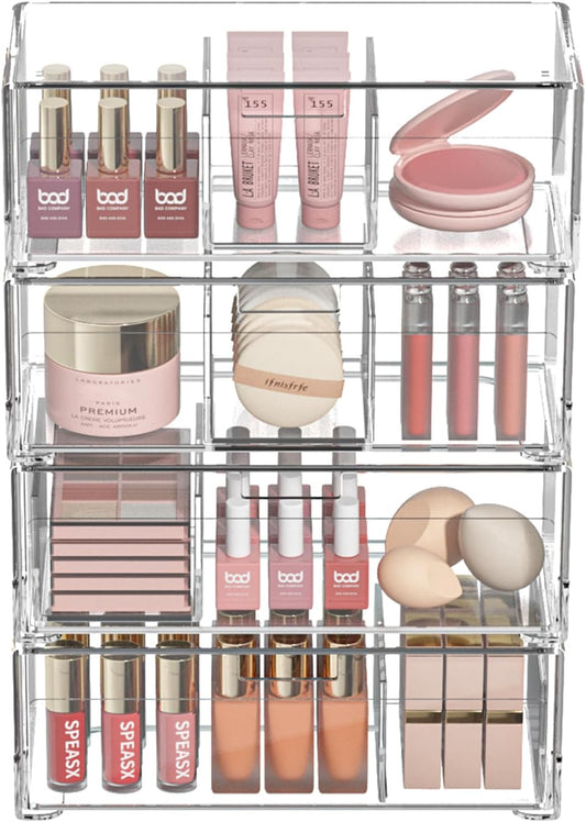 Stackable Storage Drawers Clear Plastic Storage Bins Bathroom Drawer Organizer Medicine Cabinet Organizer Makeup Organizers w Removable Divider Home Workspace Office Desktop Vanity Gift Idea 4Pack