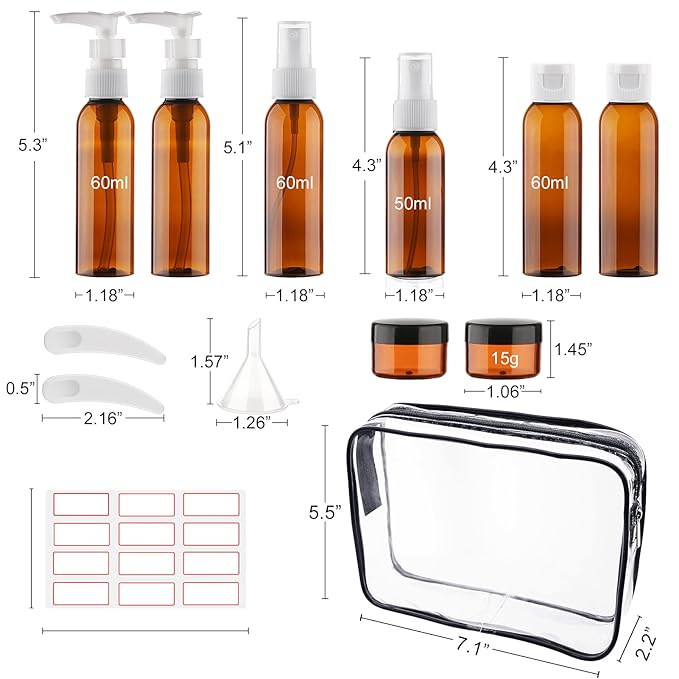 Cosywell Travel Size Bottles for Toiletries 13 Pack TSA Approved Toiletry Bottles Leak Proof Travel Kit for Women Men TSA Clear Toiletry Bag Shampoo Lotion Skincare Cosmetic Container（Brown）