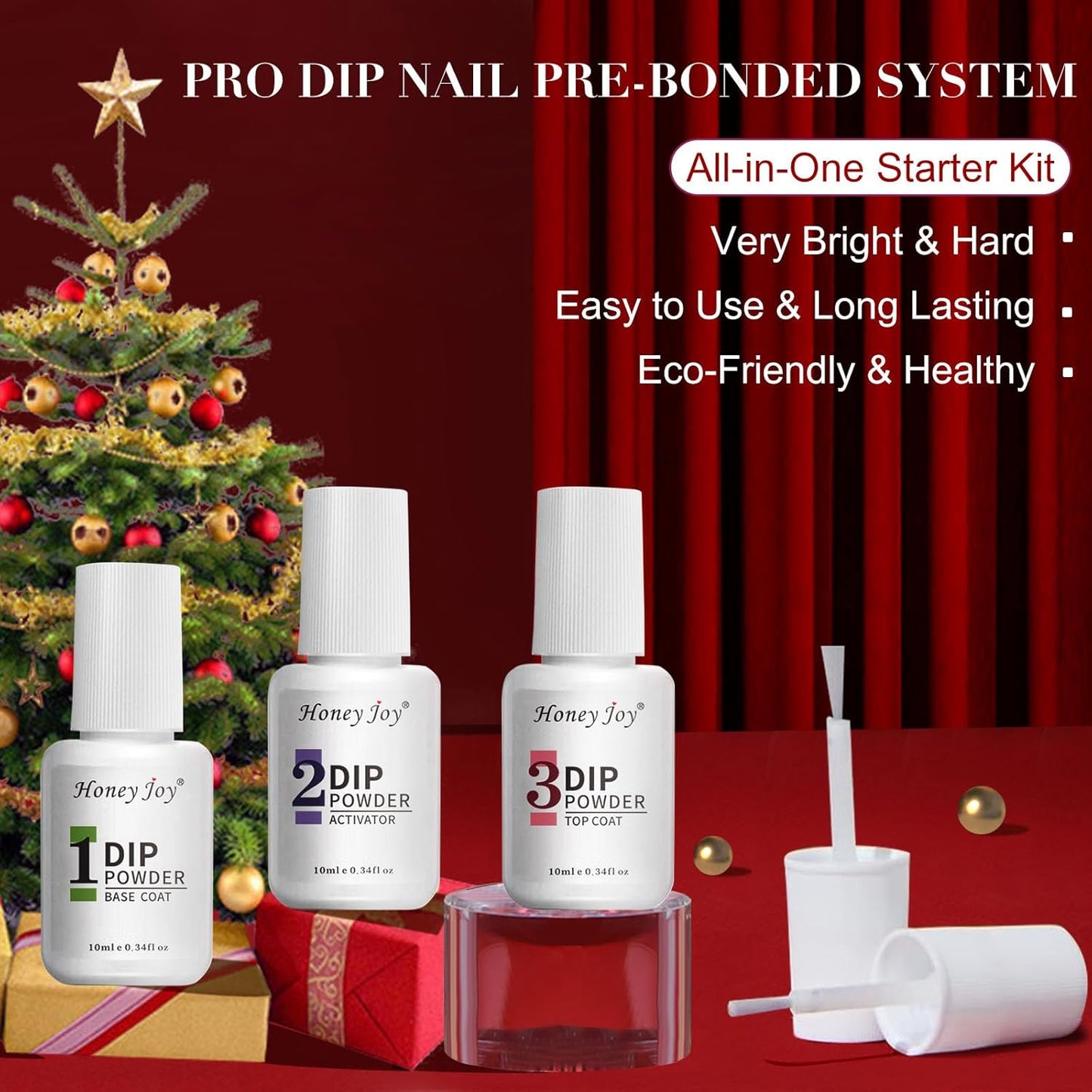 Honey Joy Dip Powder Nail Kit Starter, 4 Colors Halloween Christmas Green Red Black Orange Glitter Dipping Powder Liquid Set with Base Top Coat for Nail Art Manicure Salon DIY, Dip-7pcs-No.11