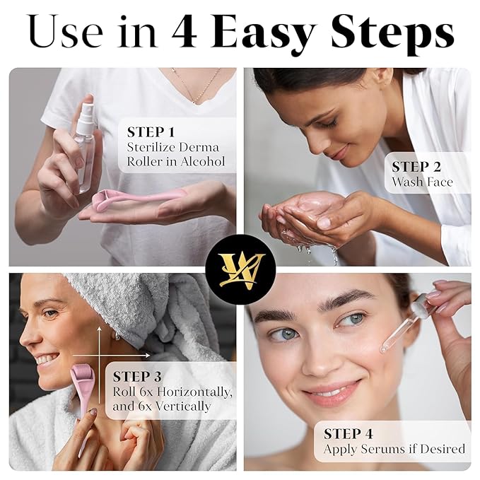 Derma Roller for Skin, Hair & Beard – Women and Men Titanium Microneedling Roller for Face & Scalp, Safe & Easy to Use - Pink