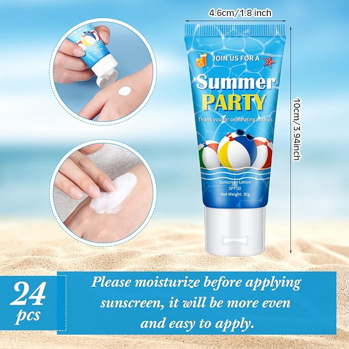 24 Pcs Mini Sunscreen Bulk for Summer Wedding Party Spf 30 Water Resistant Sunscreen Lotion Bulk 1oz Travel Size for Thank You Gifts Wedding Party Supplies(White Cream,Beach Ball)