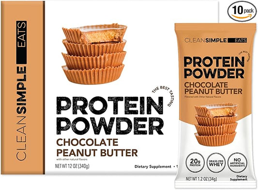 Clean Simple Eats Whey Protein Powder, Chocolate Peanut Butter Flavor Naturally Sweetened, 100% Grass Fed Protein Powder with Digestive Enzymes & No Artificial Ingredients, Gluten Free, 10 Stick Packs