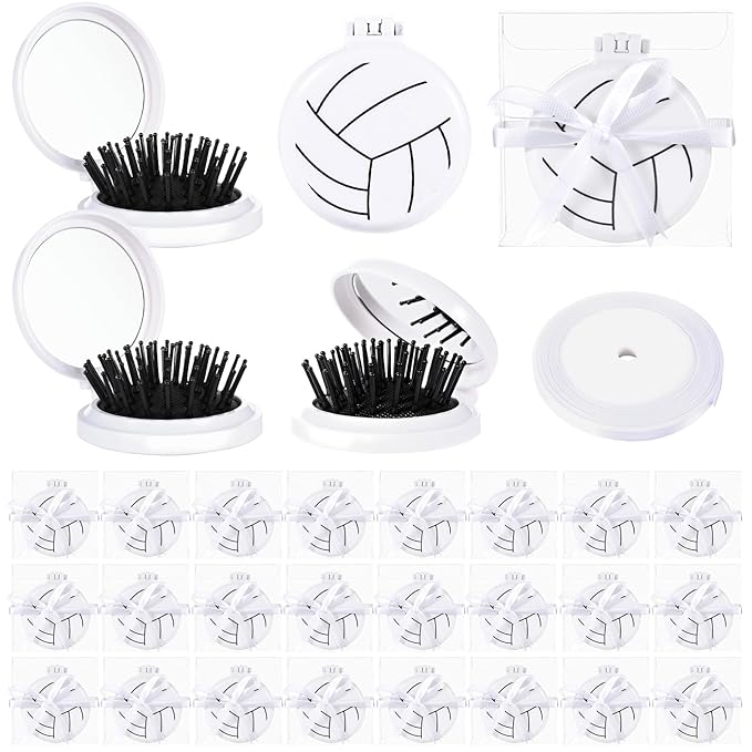 24 Set Volleyball Gifts for Team Bulk Volleyball Compact Mirror Brush With Ribbons for Volleyball Gifts for Teen Girls Mini Travel Hair Brush for Volleyball Party Favors Volleyball Hair Accessories