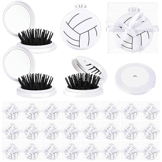 24 Set Volleyball Gifts for Team Bulk Volleyball Compact Mirror Brush With Ribbons for Volleyball Gifts for Teen Girls Mini Travel Hair Brush for Volleyball Party Favors Volleyball Hair Accessories