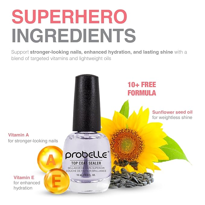 Probelle Top Coat Sealer, Quick Dry Nail Polish Top Coat, High Shine Glossy Nail Finish, Instantly Forms Clear Barrier For Enamel Protection, Fast Dry Manicure, Long Lasting Results, 0.5 fl oz/ 15 mL