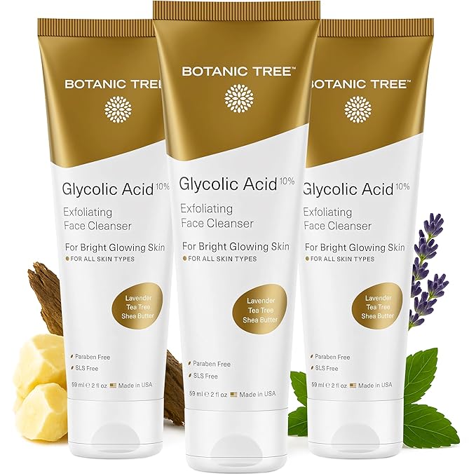 Botanic Tree Glycolic Acid Face Wash Travel Size (Pack of 3)- Facial Exfoliating Cleanser w/ 10% Glycolic Acid- Organic An.
