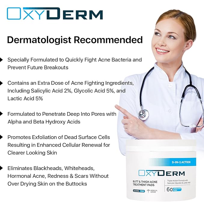 Butt & thigh Acne Treatment Pads - Exfoliating Pads to Eliminate Acne Causing Bacteria. Removes Pimples, Blemishes & Ingrown Hairs for the Buttocks & Thigh Area for Both Men & Women.