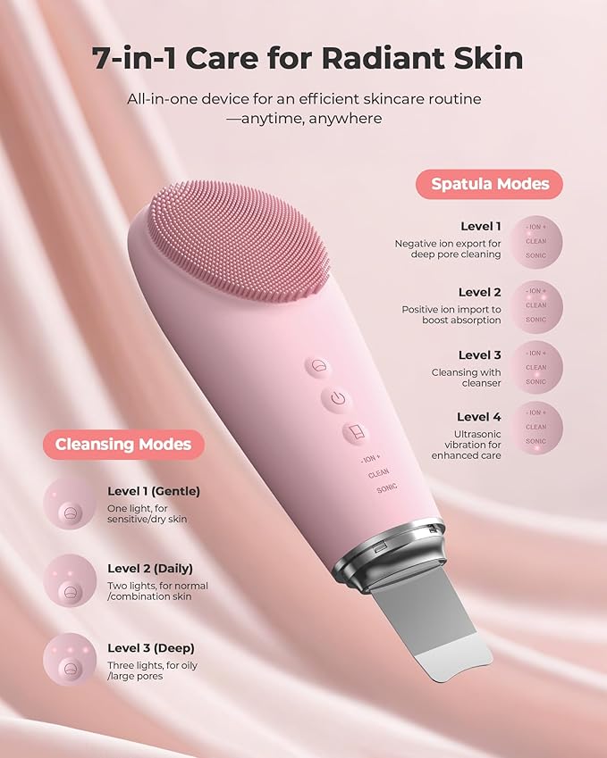 2 in 1 Facial Cleansing Brush & Massager, Facial Skin Scrubber Waterproof and Rechargeable Face Scrub for Deep Cleansing Vibrating Exfoliator Scrubber Skin Care with 7 Modes, Gentle Exfoliating - Pink