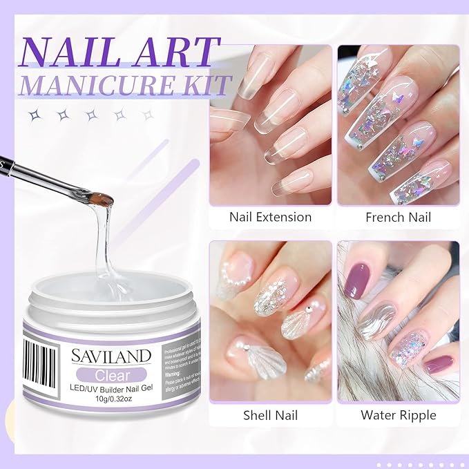 SAVILAND Builder Nail Gel Set - 2 Basic Colors Nail Extension Kit with Foundation Gel Top Gels LED Lamp Brush 100 Pcs Nails Forms at Home Salon