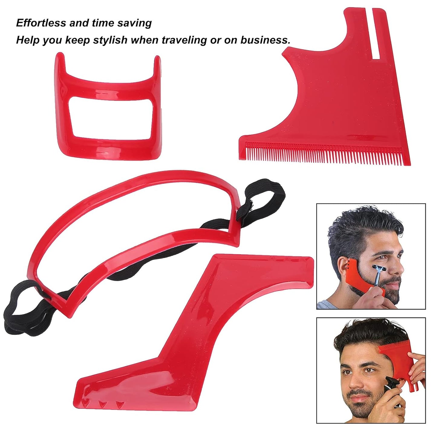 Beard Shaper Tool Kit for Beard Shaping & Styling with inbuilt Comb, Beard Styling Cutting Hairline Grooming Red Plastic Beard Template Set Shape Beard Lines, Beard Lineup