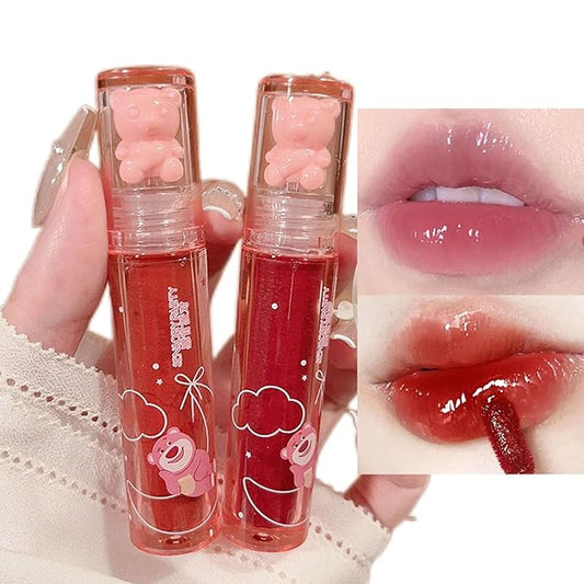2Pcs Bear Lip Glaze Jelly Lipstick,Liquid Lipstick Cute Bear Lipgloss Waterproof Long Lasting Cheek Rouge Tint Cosmetics Bear Beauty Makeup Moisturizing Lip Stain Plumping Water Lip Gloss