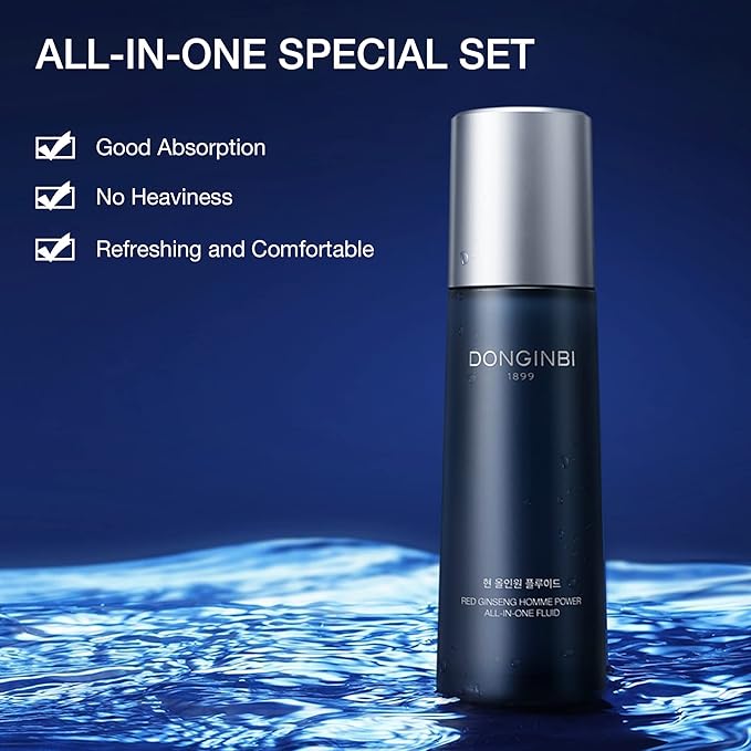 Donginbi Red Ginseng Homme All-in-One Special Set - Hydrating Korean Red Ginseng Essence(4.06 floz), Glycolic & Squalane Acid Face Wash, AHA Exfoliant, Korean Skin Care Set Gifts for Men