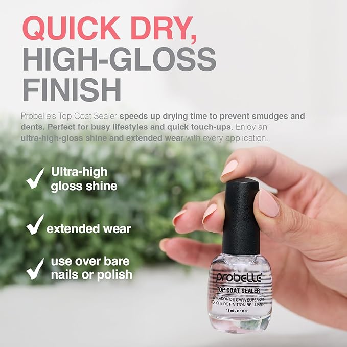 Probelle Top Coat Sealer, Quick Dry Nail Polish Top Coat, High Shine Glossy Nail Finish, Instantly Forms Clear Barrier For Enamel Protection, Fast Dry Manicure, Long Lasting Results, 0.5 fl oz/ 15 mL