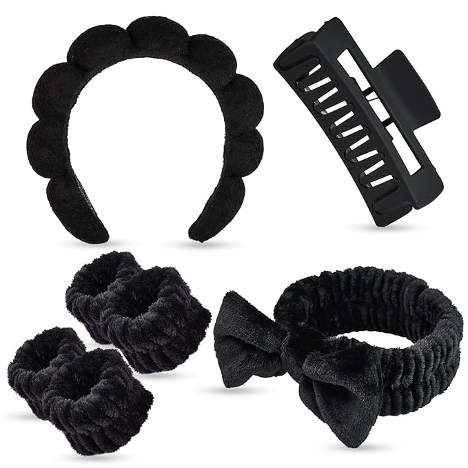 7 Pcs Spa Set, Facial Headband, Spa Headband and Wristband Set, Skincare Headband, College Style Girl Gift, Hair Accessories for Women and Girls (Black)