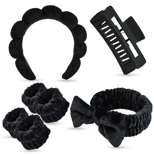7 Pcs Spa Set, Facial Headband, Spa Headband and Wristband Set, Skincare Headband, College Style Girl Gift, Hair Accessories for Women and Girls (Black)