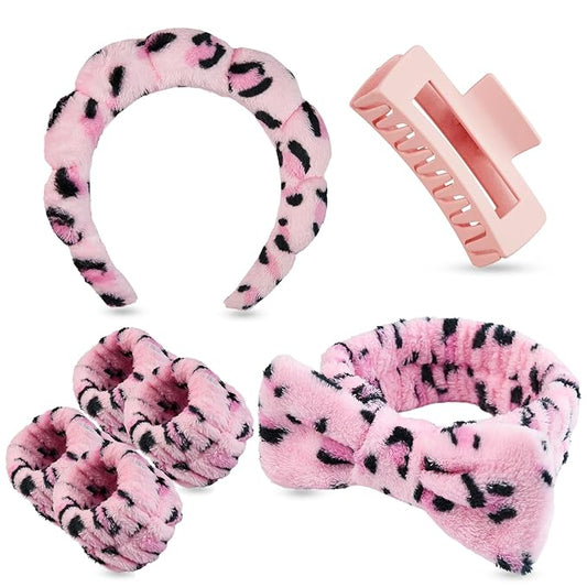 7 Pcs Spa Set, Facial Headband and Wristband Set, Skincare Accessories, College Style Girl Gift, Hair Accessories for Women and Girls（Leopard Print Pink）