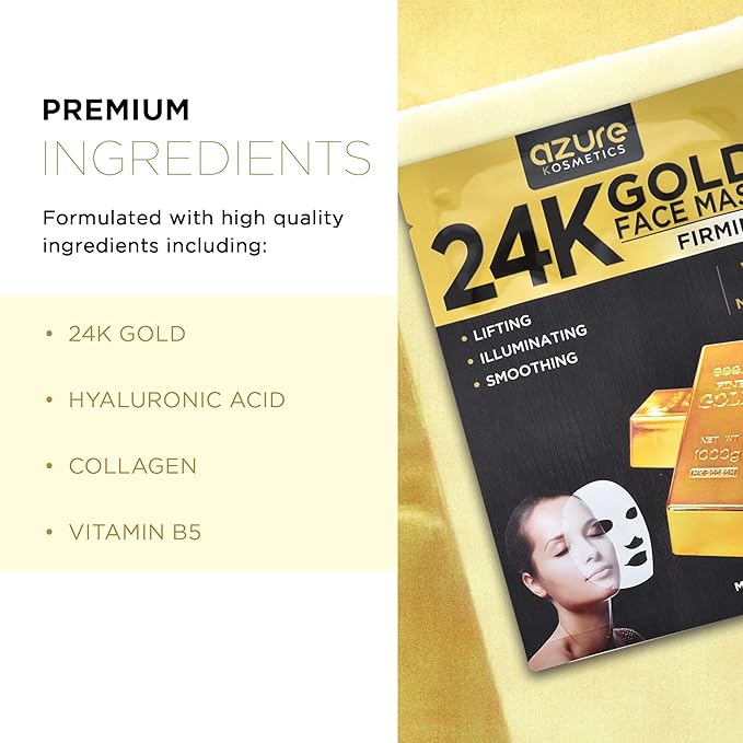 Azure Cosmetics 24K Gold, Caviar, Vitamin C, Hyaluronic Acid, Retinol & Collagen Anti-Aging Face Mask - Ultimate Variety Pack of 20 - Dermatologist Tested - Hydrating & Firming - Korean Skin Care
