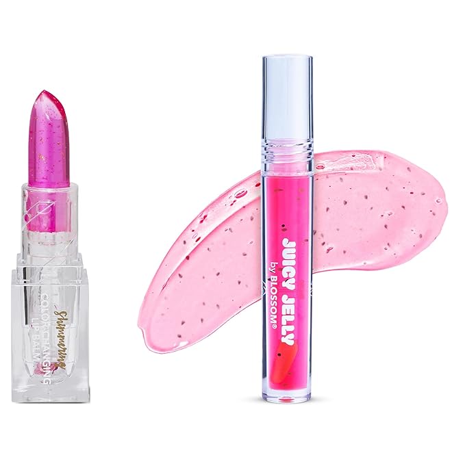 Blossom Juicy Jelly Moisturizing Lip Care Fruit Flavored Nourishing Lip Oil + pH Technology Color Changing Shimmering Lip Balm, 2 Pack Bundle, Strawberry/Electric Pink