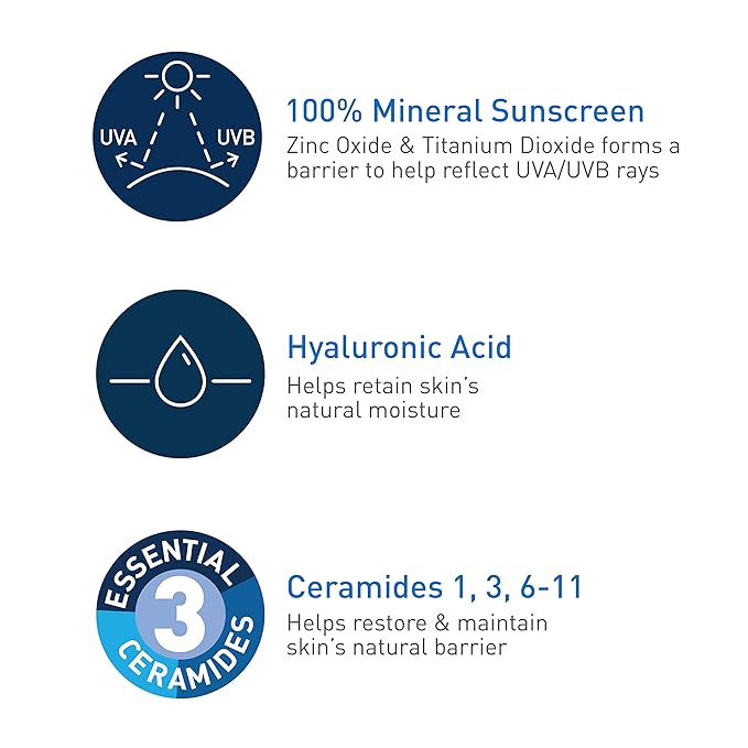 CeraVe 100% Mineral Sunscreen SPF 30 with Zinc Oxide & Titanium Dioxide, Hyaluronic Acid & Ceramides, Oil Free, Non-Greasy, Hydrating Mineral Sunscreen For Body, 5 oz