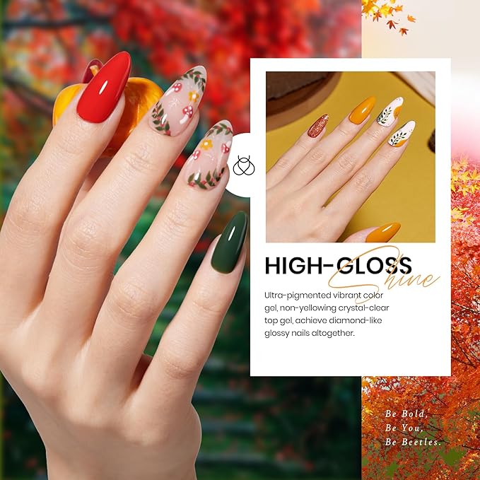 Beetles Fall Gel Nail Polish Set - Fall Yard Gel Polish Kit, 20 Color Orange Burgundy Red Navy Blue Glitter, Soak Off LED UV with Base Top Coat Nail Art Manicure Gift for Women