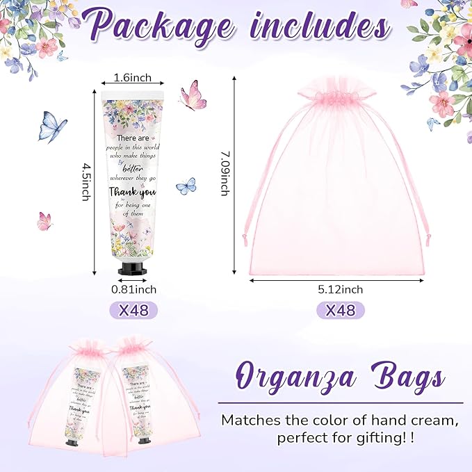 48 Sets Appreciation Thank You Hand Cream Bulk Baby Shower Favors Gifts Bridal Thank You Hand Cream for Guests Travel Size Lotion with Organza Bags