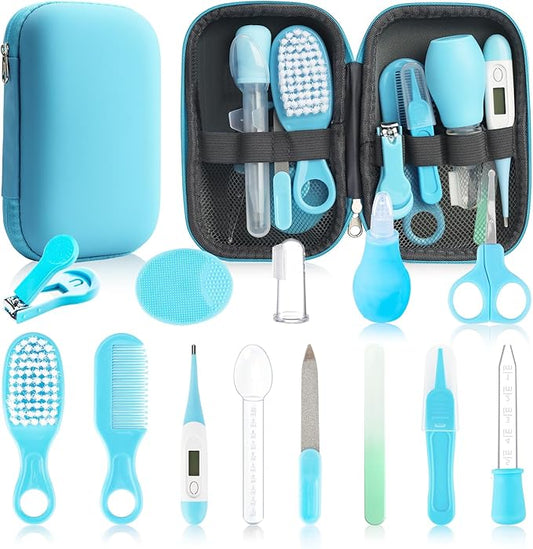 Baby Healthcare and Grooming Kit, 14 in 1 Baby Safety Set Newborn Nursery Health Care Set with Hair Brush Scale Nail Clippers for Baby Girls Boys (Blue 14 in 1)