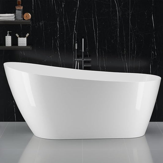 59 Inch Acrylic Freestanding Bathtub - Modern Stand Alone Tub with Chrome Drain, Deep Soaking for Relaxation & Style,Allure White