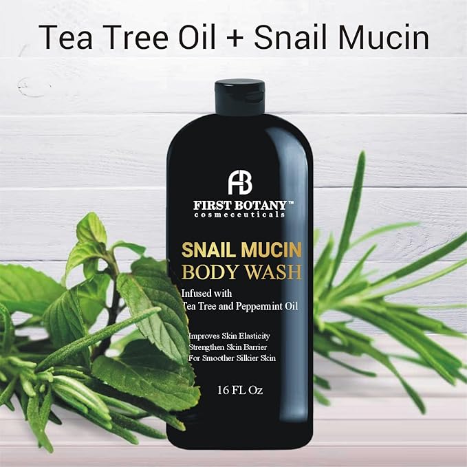 ALL Natural Body Wash - Fights Body Odor, Athlete’s Foot, Jock Itch, Nail Issues, Dandruff, Acne, Eczema, Shower Gel for Women & Men, Skin Cleanser -16 fl oz (Tea Tree Snail Mucin)