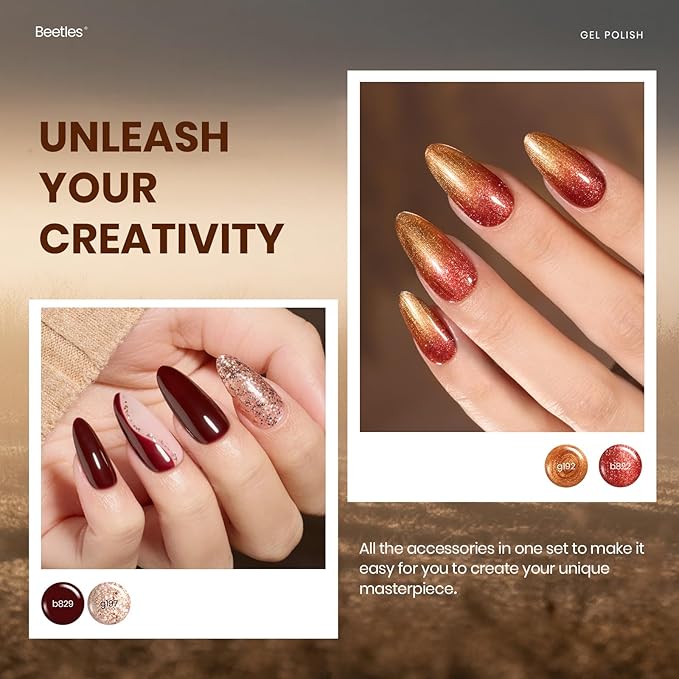 Beetles Gel Nail Polish Set - 20 Colors Warm Mist Fall Gel Nail Kit Burgundy Brown Nude Gold Glitter Gray Shimmer Soak Off Long Lasting with Base & Top Coat Home DIY Salon Nail Art Gift Set for Women
