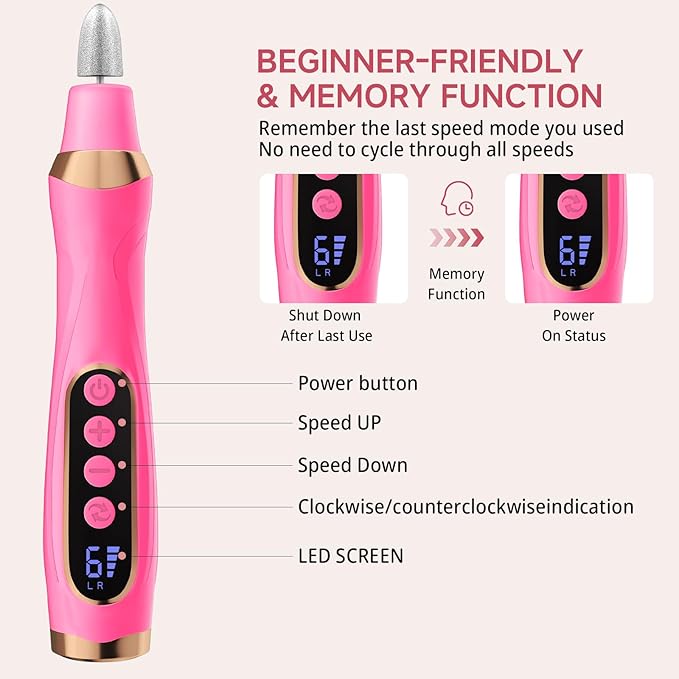 Cordless Nail Drill, Long-Lasting Electric Nail File, Low Noise Electric Nail Drill with 360° LED Light & 6 Speeds, Toenail Grinder for Thick Nail Toenail Cuticle Women Men Baby Pets