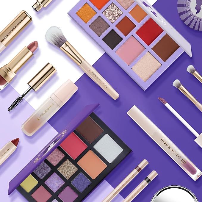 Color Nymph Makeup Gift Set For Teens, Full Kit With Make Up Kits Beginner Makeup Sets with Paper Exquisite Purple Cosmetics Box 2 Eyeshadow Palettes, Mascara, Lipstick, Lipgloss Makeup Set Brushes
