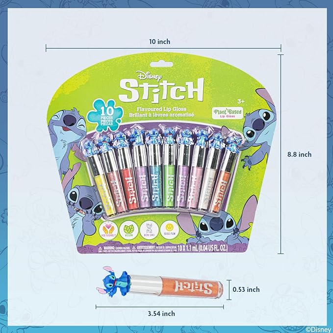 Disney Stitch 10 Piece Plant Based Lip Gloss, Girls Party Favors, First Makeup Set for Girl, Perfect for Parties, Sleepovers, and Birthday Gifts, Ages 3+, by Townley Girl