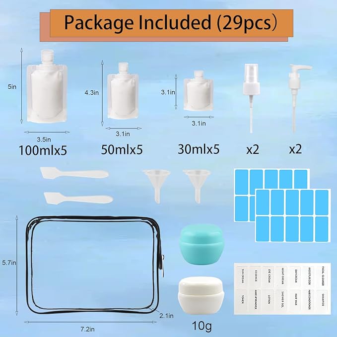 29 PCS Travel Size Refillable Empty Squeeze Pouch TSA Approved Travel Pouches for Toiletries Liquid Travel Containers Leak Proof Portable Travel Fluid Makeup Packing Bag for Cosmetics 30/50/100ml