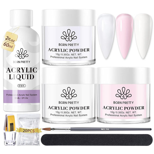 BORN PRETTY Acrylic Nail Kit - Acrylic Powder (Clear, White, Pink) & Liquid Set with Nail Forms, Brush Pen, File & Glass Container - Beginner Friendly