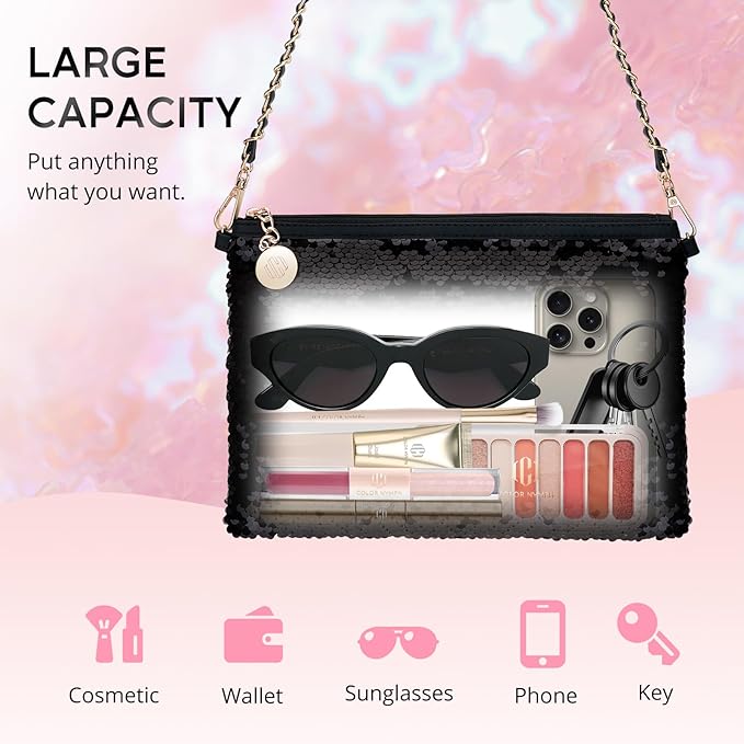 Color Nymph Teen Girls Makeup Kit, Black Sequin Make Up Bag with Makeup Sets For Teens Makeup Gift Kit Bag For Girls Eyeshadow Palette Lip Gloss Eyeliner Mascara Fit For Wedding Party Cocktail Prom