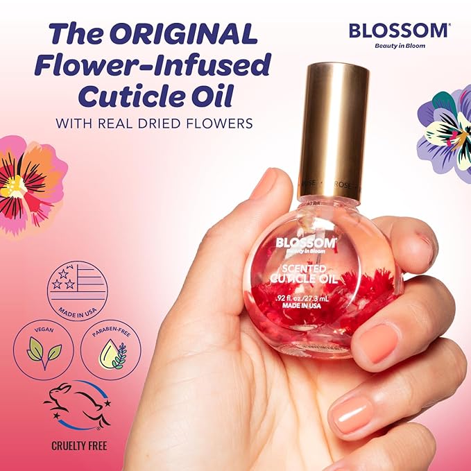 Blossom Cuticle Oil for Nails, Hydrating, Moisturizing, Scented Nail Oil Cuticle Care, Infused with Real Flowers, Made in USA, 0.92 fl. oz, Raspberry