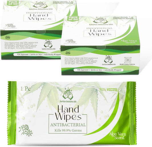 100 Individually Wrapped Hand Wipes – Aloe Vera Scent – 2 Convenient 50-Count Boxes | 100% Viscose, Eco-Friendly | Travel-Ready, Moisturizing