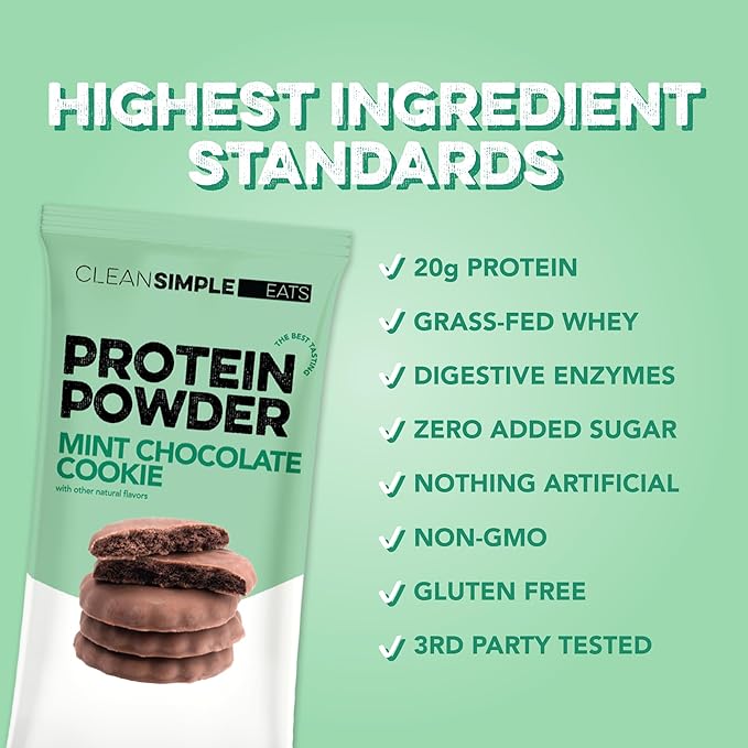 Clean Simple Eats Whey Protein Powder, Mint Chocolate Cookie Flavor, Naturally Sweetened, 100% Grass Fed Protein Powder with Digestive Enzymes, No Artificial Ingredients, Gluten Free, 10 Stick Packs