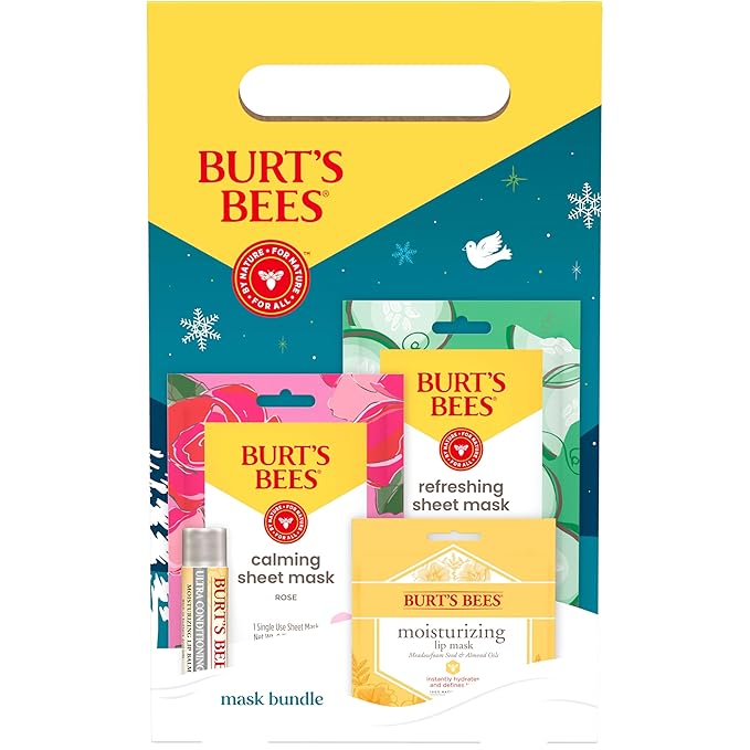 Burt’s Bees® Mask Bundle Gift Set; Moisturizing Lip Mask, Ultra Conditioning Lip Balm, Refreshing Sheet Mask, Calming Sheet Mask; Festive Packaging; 1 Gift Set (Pack of 6)