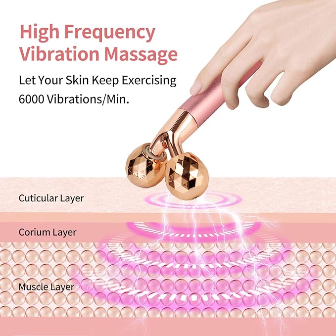 2-IN-1 Electric Face Massager Roller 24k Rose Gold Face Roller, 3D Roller and Unique Crescent Shape Facial Roller Massager Kit Arm Eye Nose Massager Skin Care Tools