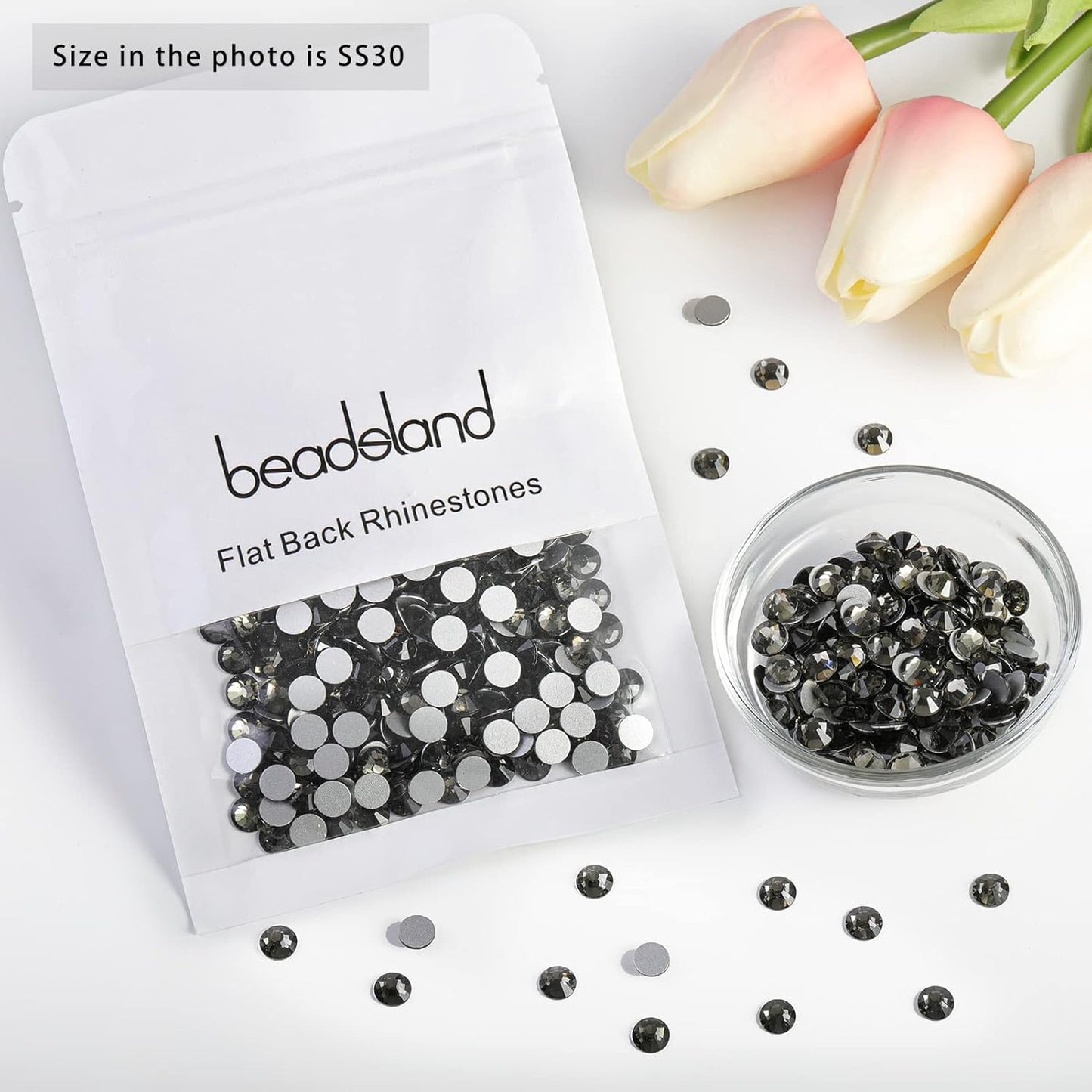 beadsland Flat Back Crystal Rhinestones Round Gems for Nail Art and Craft Glue Fix,Black Diamond (6.4-6.6mm) SS30/288pcs