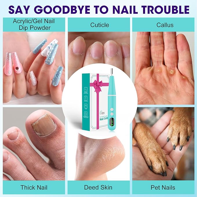 Cordless Nail Drill, Super Lightweight Electric Nail File, Low Noise Electric Nail Drill with 9 Speed & LCD Display, Wireless Toenail Grinder for Thick Nail Toenail Cuticle Human Women Baby Pets
